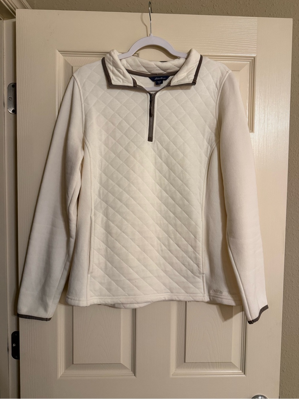 Eddie Bauer Cream Quilted Zip Pullover with Brown Trim